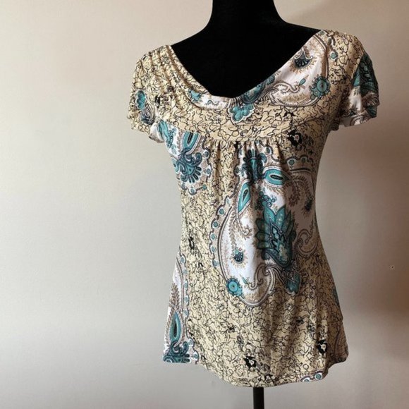 Top Slinky Draped Round Collar Cream and Aqua sz M - Picture 1 of 5